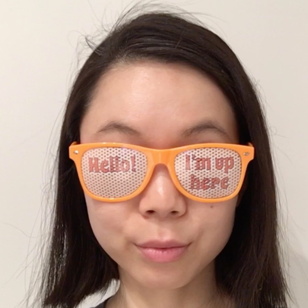 Orange Sunglasses with "Hello! I'm Up Here" text